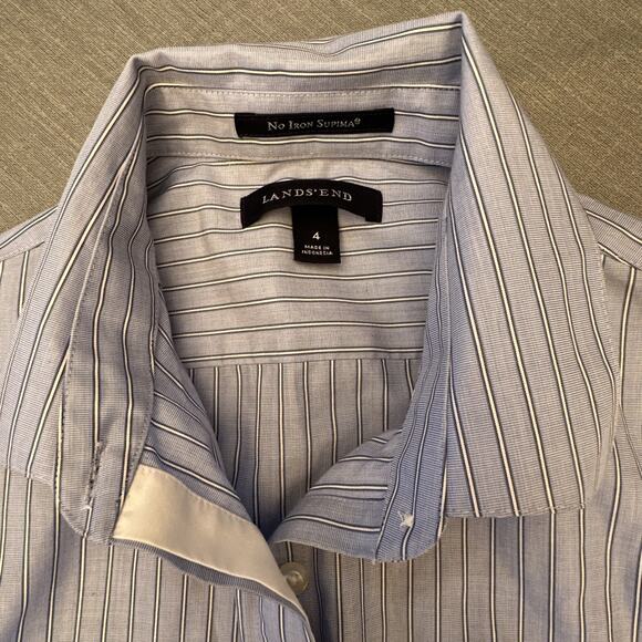 Lands End Shirt Womens Sz 4 No Iron Supima Button Up Plus Blue White Stripe - Picture 4 of 12
